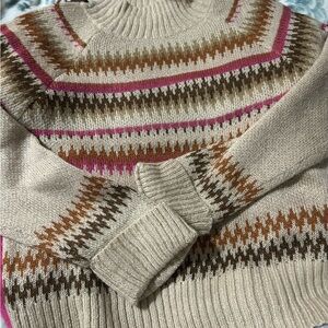 Cozy Cream and Brown Patterned Turtleneck Sweater
